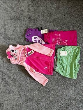 Girls Pink Cat Hooded Jacket + Pink & Purple Tops + Green Shorts Set